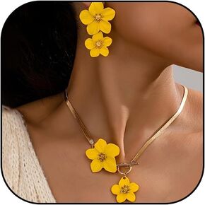Gold Flower Earrings Necklace Set Flower Jewelry Big Foral Statement Earrings for Women Summer Charm Necklace Beach Vacation Essentials