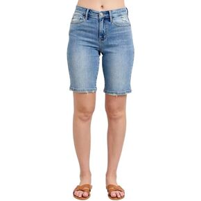 Judy Blue Women’s High Waist Vintage Wash Bermuda Shorts Slim Fit Stretch Denim Summer Casual Jean Shorts - 152101