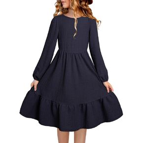 blibean Girls 2025 Long Sleeve Dresses Tween Rib Knit Pockets Dress Size 6-15 Years