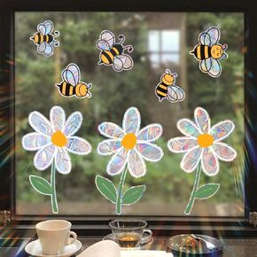 Bee Flower Prism Window Clings for Glass Windows, Bee Window Clings Suncatcher Glass Cling Double-Side Reusable Stickers Bird Windows Strike Prevention (White Daisy, 11.8 * 16.5inch)