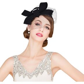Women's Wedding Fascinator Hat Winter Wool Bowknot Mesh Veil Headband 1920s Headpiece Cocktail Fascinators