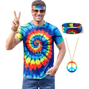 Mainfini Mens 60s 70s Outfits Hippie Costume Retro Colorful Carnival Shirt (S-3XL)