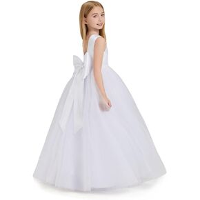 White Pearls Flower Girl Dress for Wedding Party Kids Princess Tulle Prom Ball Gown with Big Bow Sash YFD370