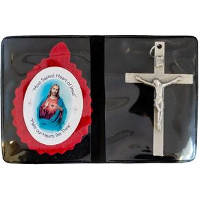 Red Wool Scapular and Crucifix in Black Portfolio Wallet | Sacred Heart of Jesus Badge | Great Catholic Gift for First Holy Communion or Confirmation