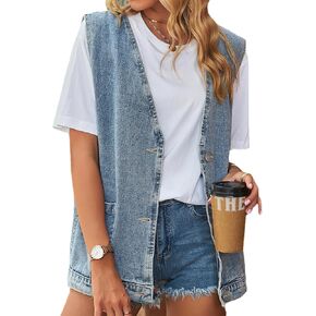Women's Sleeveless Denim Vest Oversize Button Down Ripped Waistcoat Jacket