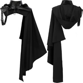 Medieval Half Cape Renaissance Shawl Cloak Hooded Cowl Faux Leather with Steampunk Shoulder Armor Black