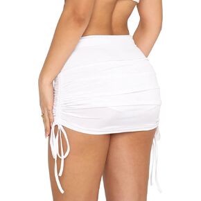 Women's White Mini Skirt Side Drawstring Stretchy Ruched Bodycon Short Mini Skirt…