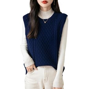 Women's 100% Merino Wool Sweater Vest 2025 Fall Winter Vintage Cable Crew Neck Sleeveless Knit Sweater Vest