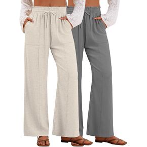 2 Pack Women's Linen Pants Summer Wide Leg Drawstring Elastic Waist Pant Casual Loose Fit Beach Trousers with Pockets