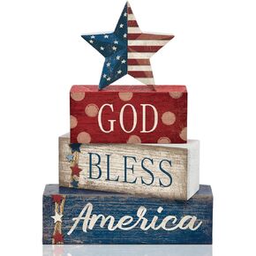 4 Pcs 4th of July Decorations Patriotic Memorial Day Tabletop Decorations Red White Blue Table Centerpieces Wood Block God Bless Sign for Office Tiered Tray Home Shelf Mantel(Firecrackers)