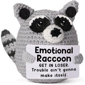 Tiny Emotional Support Raccoon, Handmade Positive Crochet Animal Plush, Motivational Encouragement Gift for Men, Women, Friend, Coworker, Bestie, Present for Birthday, Christmas, White Elephant
