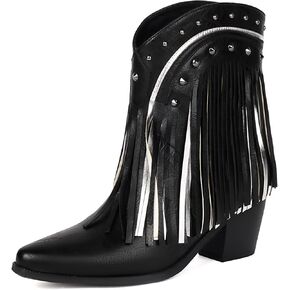 Cowboy Boots for Women Ankle Western Fringe Booties with Low Heel