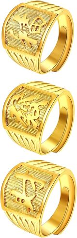 3pcs Men's Stainless Steel Domineering Vintage Chinese Kanji Ring Rich/Luck/Wealth Adjustable Rings Set, Gold in Saudi Arabia