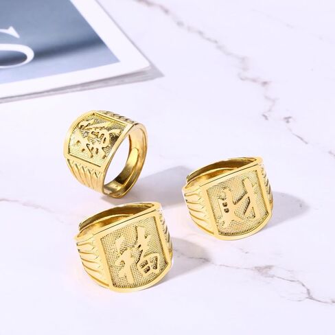 3pcs Men's Stainless Steel Domineering Vintage Chinese Kanji Ring Rich/Luck/Wealth Adjustable Rings Set, Gold in Saudi Arabia