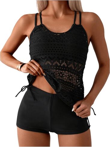 GORGLITTER Women's Two Piece Crochet Tankini Swimsuits Hollow Out Criss Cross Tank Top Tie Side Boyshorts Swimsuit in Saudi Arabia