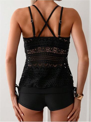 GORGLITTER Women's Two Piece Crochet Tankini Swimsuits Hollow Out Criss Cross Tank Top Tie Side Boyshorts Swimsuit in Saudi Arabia
