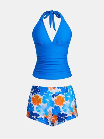 CUPSHE Women's Tankini Sets Two Piece Swimsuit High Waisted Halter V Neck Bathing Suit Adjustable Straps Shorts in Kuwait