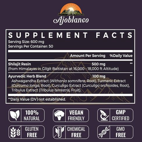Ajoblanco 600mg Shilajit Pure Himalayan Organic Shilajit Resin - Himalayan Shilajit Resin with Organic Ayurvedic Blend in High Potency for Energy, Strength & Immunity, 30 Grams in Saudi Arabia