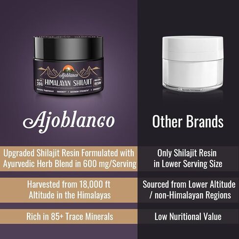 Ajoblanco 600mg Shilajit Pure Himalayan Organic Shilajit Resin - Himalayan Shilajit Resin with Organic Ayurvedic Blend in High Potency for Energy, Strength & Immunity, 30 Grams in Saudi Arabia