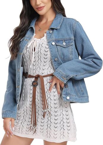 J.Corrine Women's Denim Jacket الأكمام الطويلة زر أسفل كوخ سترة جان مع جيوب in Saudi Arabia