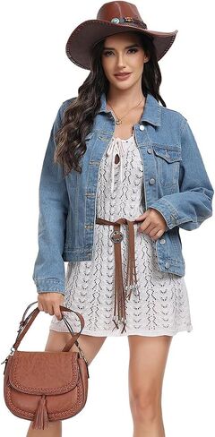 J.Corrine Women's Denim Jacket الأكمام الطويلة زر أسفل كوخ سترة جان مع جيوب in Saudi Arabia