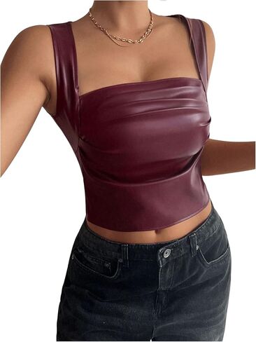 SOLY HUX Women's PU Leather Square Neck Tank Tops Sleeveless Slim Fitted Party Club Crop Top in Saudi Arabia