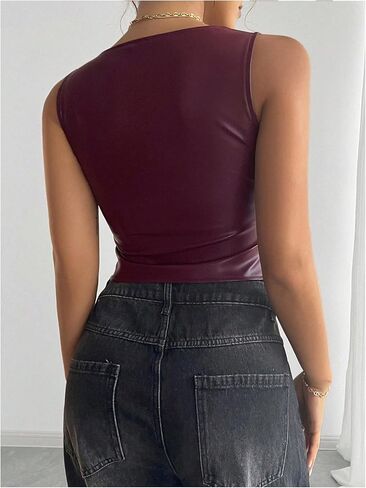 SOLY HUX Women's PU Leather Square Neck Tank Tops Sleeveless Slim Fitted Party Club Crop Top in Saudi Arabia