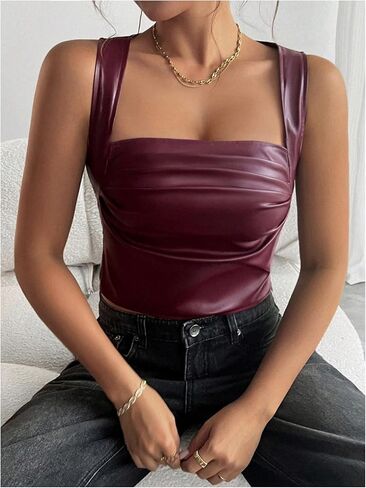 SOLY HUX Women's PU Leather Square Neck Tank Tops Sleeveless Slim Fitted Party Club Crop Top in Saudi Arabia