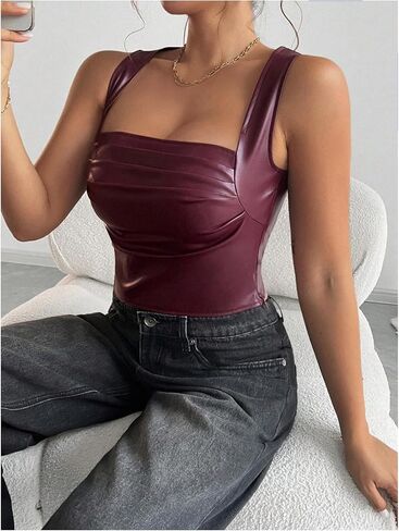 SOLY HUX Women's PU Leather Square Neck Tank Tops Sleeveless Slim Fitted Party Club Crop Top in Saudi Arabia