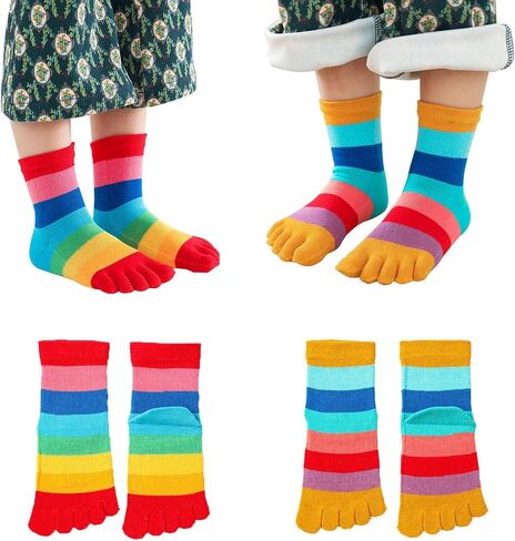 2 Pairs Cotton Five Finger Toe Socks Athletic Running Casual Colorful Rainbow Seperated Socks for Kids Girls Boys 2-10 Years in Kuwait