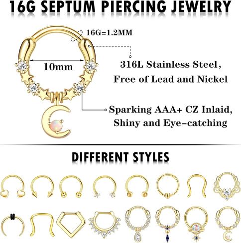 Besteel 16 Pcs Hypoallergenic Septum Rings 16G 316L Stainless Steel Clicker Nose Rings Hoop Tragus Cartilage Helix Daith Piercing Jewelry for Men Women 10mm in Saudi Arabia