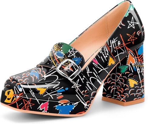Women's Platform Chunky High Heel Loafers Patent Leather Buckle Pumps Office Dress Shoes in Saudi Arabia