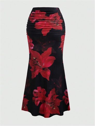طباعة الأزهار النسائية Maxi Skirt كشكش تنحنح Ruched Fishlaint Bodycon Jaints Long Traint in Saudi Arabia