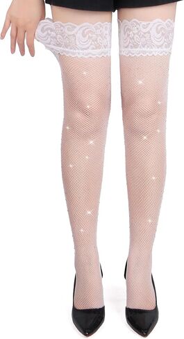 ohyeah Non-Slip Lace Top Rhinestone Fishnet Thigh Highs Stockings for Women Plus Size Fish Net Stockings Fits XS-5XL in Saudi Arabia
