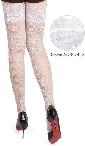 ohyeah Non-Slip Lace Top Rhinestone Fishnet Thigh Highs Stockings for Women Plus Size Fish Net Stockings Fits XS-5XL in Saudi Arabia