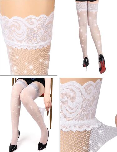 ohyeah Non-Slip Lace Top Rhinestone Fishnet Thigh Highs Stockings for Women Plus Size Fish Net Stockings Fits XS-5XL in Saudi Arabia