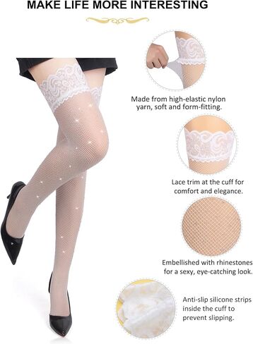 ohyeah Non-Slip Lace Top Rhinestone Fishnet Thigh Highs Stockings for Women Plus Size Fish Net Stockings Fits XS-5XL in Saudi Arabia