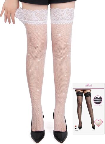 ohyeah Non-Slip Lace Top Rhinestone Fishnet Thigh Highs Stockings for Women Plus Size Fish Net Stockings Fits XS-5XL in Saudi Arabia