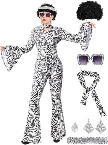 70s Disco Outfits for Women, Retro 8 PCS Disco Costume with Top, Pants, Sunglasses, Ring, Earrings, Wigand in Saudi Arabia