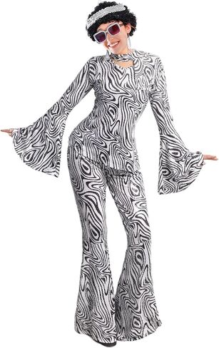 70s Disco Outfits for Women, Retro 8 PCS Disco Costume with Top, Pants, Sunglasses, Ring, Earrings, Wigand in Saudi Arabia