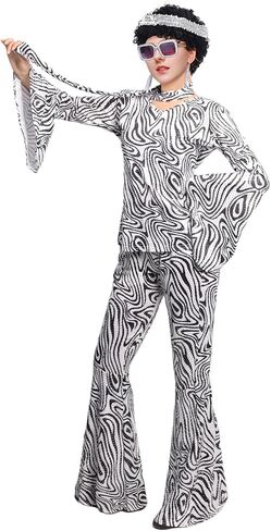 70s Disco Outfits for Women, Retro 8 PCS Disco Costume with Top, Pants, Sunglasses, Ring, Earrings, Wigand in Saudi Arabia