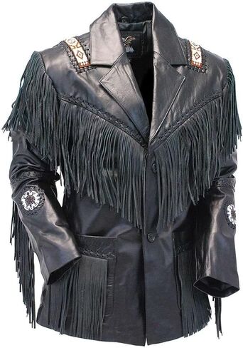 Western Cowboy Leather Fashion Jacket For Mens Fringe & Beaded Native American Coat - Black in Kuwait