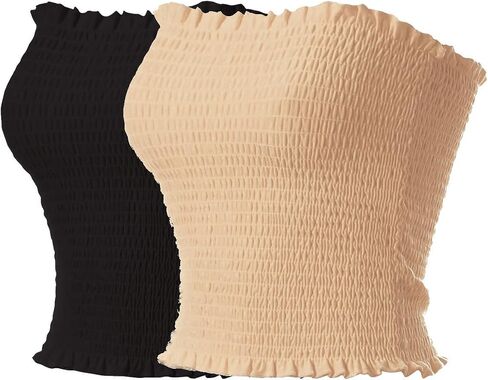 Mixmatchy Women's Casual Basic Smocked Tubs Tops Stretch Bustier Bandeau Crip Top 2 Pack in Saudi Arabia