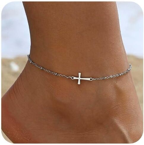 Ankle Bracelets for Women 18K Gold Plated Dainty Waterproof Cross Anklets Pearl Beaded Link Chain Anklet for Women Non Tarnish Summer Beach Foot Jewelry in Saudi Arabia
