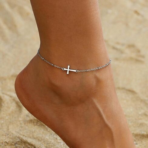 Ankle Bracelets for Women 18K Gold Plated Dainty Waterproof Cross Anklets Pearl Beaded Link Chain Anklet for Women Non Tarnish Summer Beach Foot Jewelry in Saudi Arabia