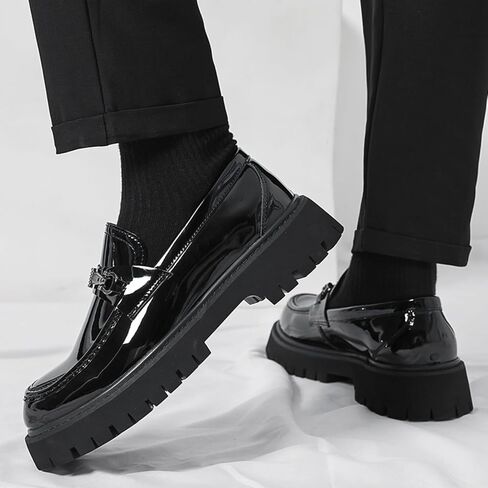 Mens Patent Leather Slip-On Platform Dress Horsebit Loafer Low Heels Round Toe Non-Slip Penny Shoes for Formal Business Wedding in Saudi Arabia