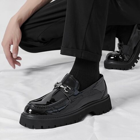 Mens Patent Leather Slip-On Platform Dress Horsebit Loafer Low Heels Round Toe Non-Slip Penny Shoes for Formal Business Wedding in Saudi Arabia