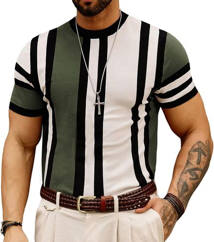 تي شيرت رجالي مخطط من GRACE KARIN بياقة دائرية وأكمام قصيرة وقمصان محبوكة كاجوال in Kuwait