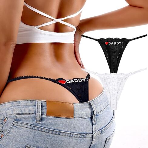 2Pack Women G-String Thongs T Back Low Rise Lace Panties Funny Thongs with Letters Cute Sexy Underwear in Saudi Arabia
