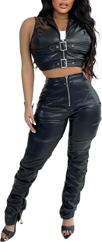 Women Leather Vest Motorcycle Zipper Up Sleeveless Crop Tops Sexy Faux Leather Jacket with Belt in Saudi Arabia